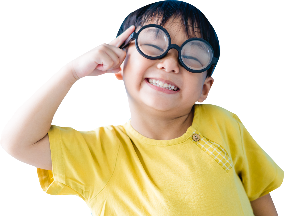 Smart Kid Nerd Asian Boy Child  with Yellow Shirt Wearing Glasses.