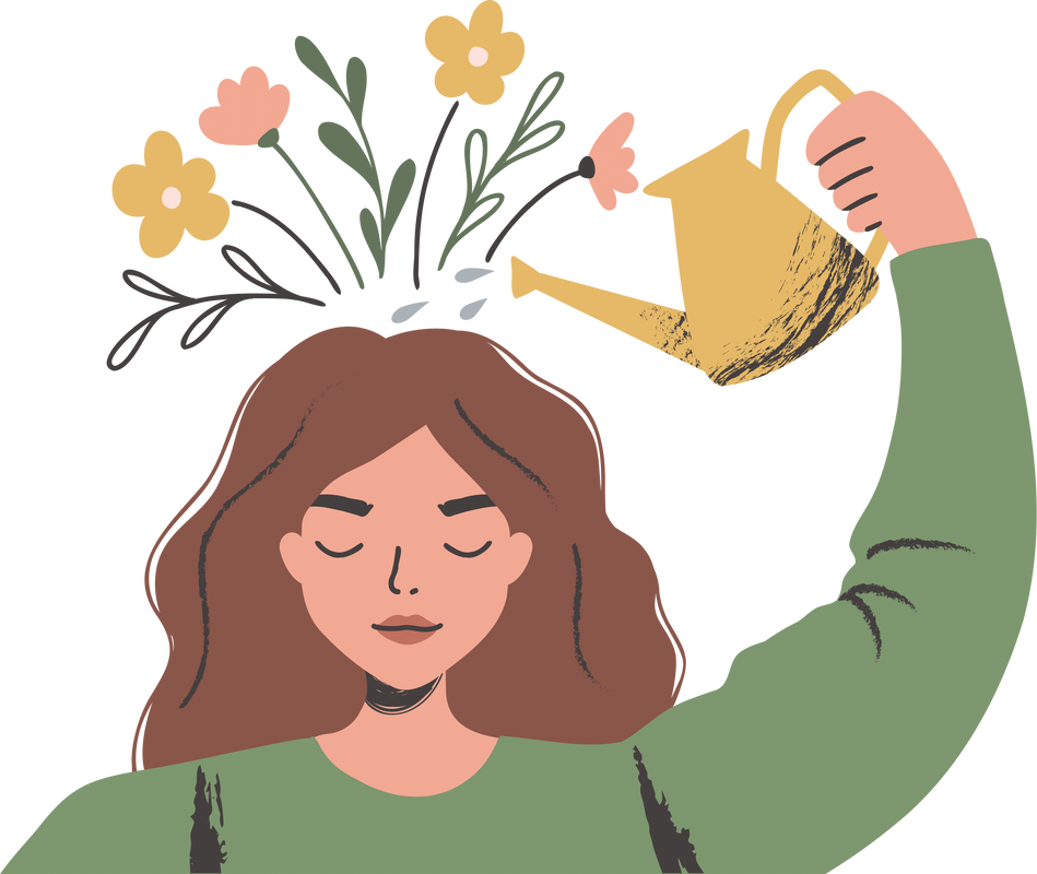 Woman watering plants that symbolize happy thoughts